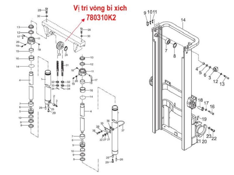 Vòng bi, pully xích 780310K2 trên xe nâng 3.5 tấn