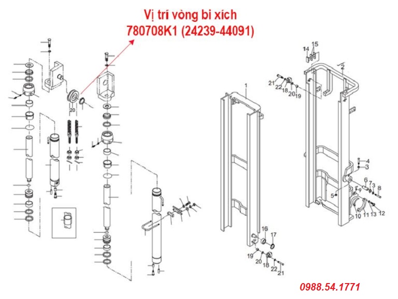 Vị trí vòng bi, puly xích xe nâng 780708K1 chính hãng Wanda