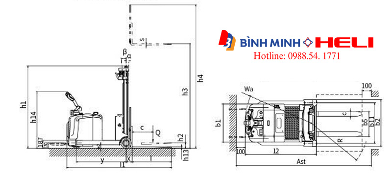 Thông số kỹ thuật xe nâng điện Heli 1.5 tấn dắt lái